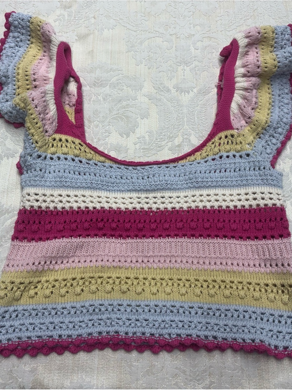 Sincerely Jules Striped Crochet Tank Top in Fuchsia, Baby Blue, Pink & Cream